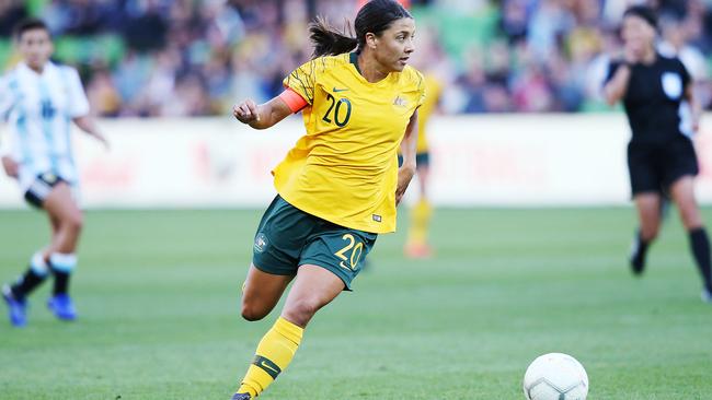 Sam Kerr of the Matildas is a beneficiary of growing interest in women’s football. Picture: Michael Dodge 