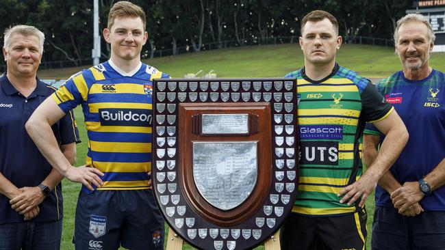 Sydney University and reigning premiers Gordon with the Shute Shield trophy at Leichhardt Oval. (L-R) Sydney University coach Sean Hedger and captain Jack McCalman with Gordon captain James Lough and coach Billy Melrose.