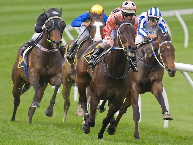 Black Caviar, ridden by jockey Luke Nolen, goes for home in the Group 2 2011 Moir Stakes.