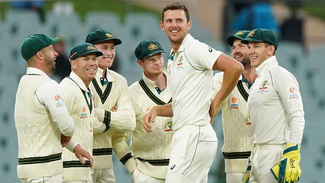 Australian players celebrate a wicket at Adelaide Oval during the side’s big win. Picture: AAP/Scott Barbour