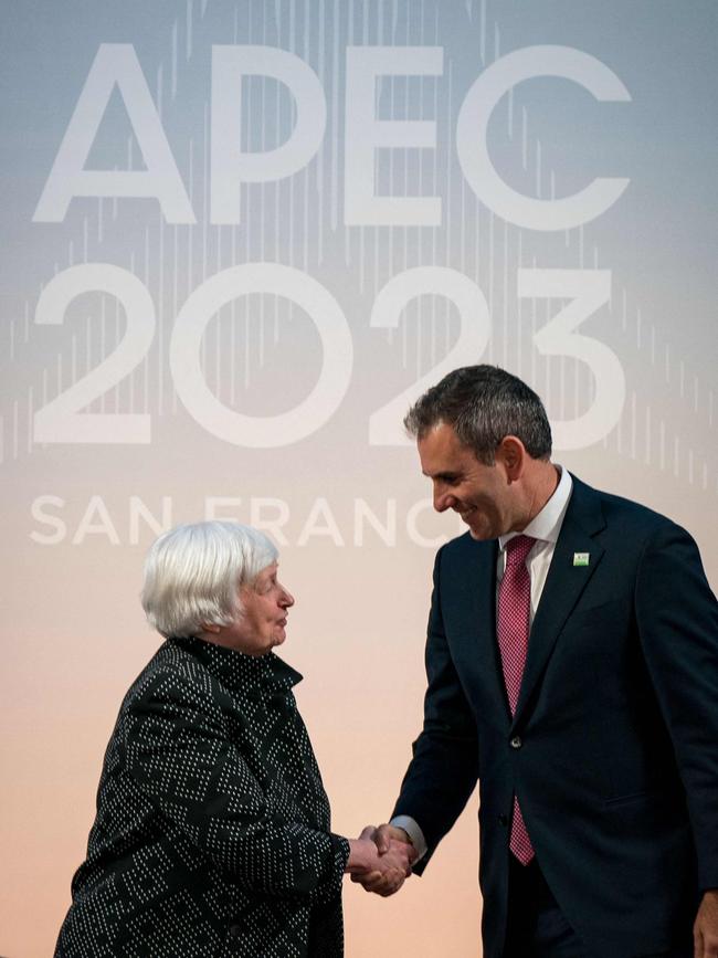 Janet Yellen greets Jim Chalmers