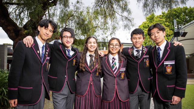 Haileybury students Kim Zhu, Kerry Zhu, Abigail Gardiner, Chloe Lay, Michael Sun and Jiaqi (Carl) Lu all achieved the highest possible ATAR of 99.95. Picture: Mark Stewart