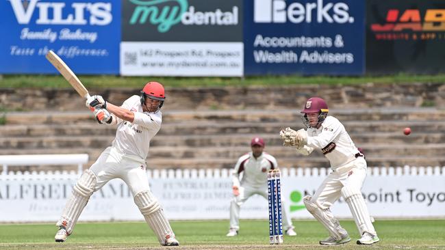 Adelaide’s Sam Scrimgeour bats against Prospect. Batting and bowling stats have been missing on PlayHQ for the local cricket season. Picture: Keryn Stevens