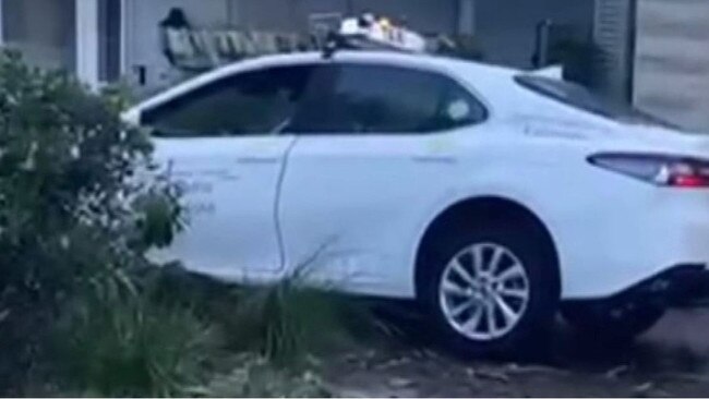 A taxi that crashed through three front gardens in Bayview Cl, Bayview, on March 10, after leaving the road at 55km/h. Picture: 9News