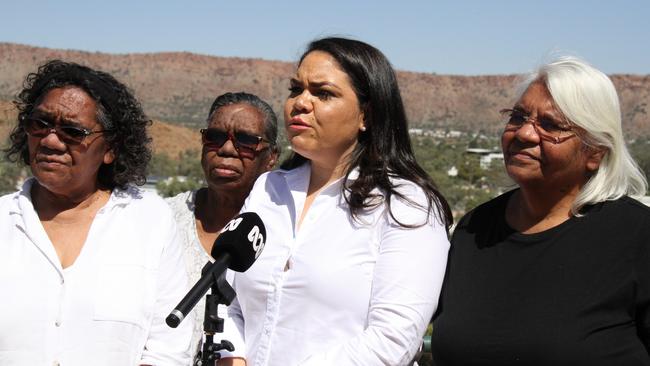 Senator Jacinta Nampijinpa Price in Alice Springs on Tuesday with Arrernte elders – women who have been brave enough to speak publicly about their concerns with the Central Land Council. Picture: Gera Kazakov