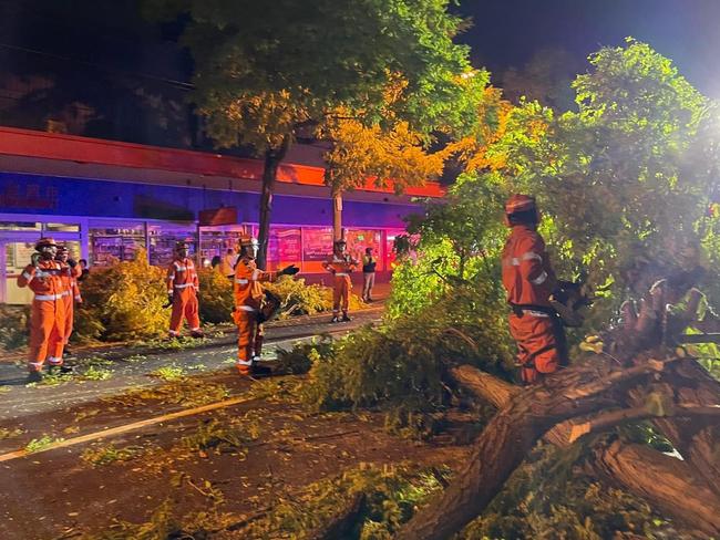 Monash SES crew members work through the night to remove debris from roads across the Monash area. Picture: SES Monash Unit