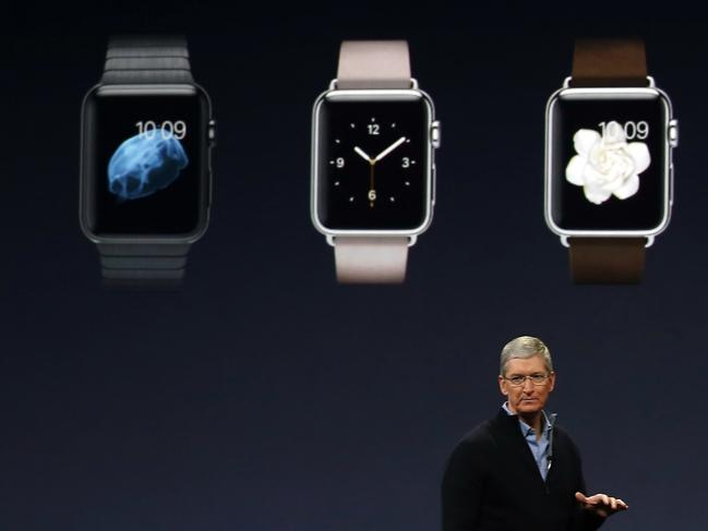 SAN FRANCISCO, CA - MARCH 9: Apple CEO Tim Cook debuts the Apple Watch collection during an Apple special event at the Yerba Buena Center for the Arts on March 9, 2015 in San Francisco, California. Apple Inc. is expected to unveil more details on the much anticipated Apple Watch, the tech giant's entry into the rapidly growing wearable technology segment. Stephen Lam/Getty Images/AFP == FOR NEWSPAPERS, INTERNET, TELCOS & TELEVISION USE ONLY ==