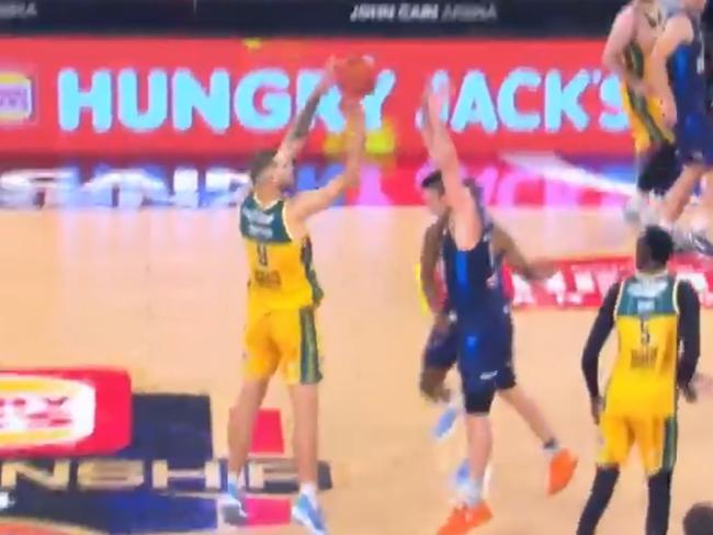 A screen shot of JackJumper Jack McVeigh and his winning shot in the dying seconds of game three of the NBL Championship series.