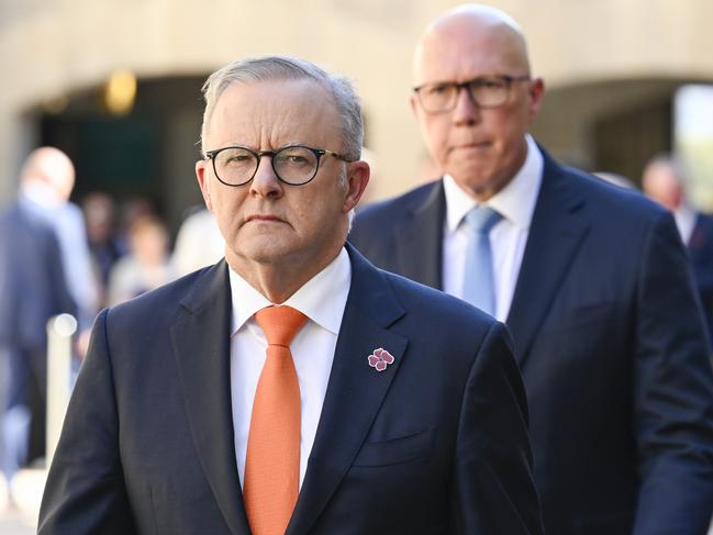 CANBERRA, AUSTRALIA  - NewsWire Photos - February 3, 2025:  Prime Minister Anthony Albanese and Leader of the Opposition Peter Dutton during the last post ceremony at the Australian War Memorial in Canberra. Picture: NewsWire / Martin Ollman