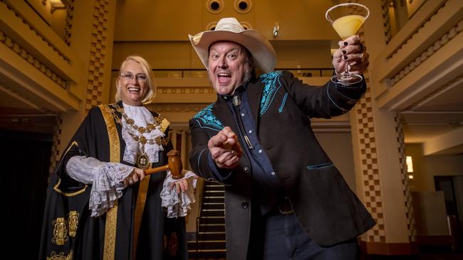 Lord Mayor Sally Capp and Chairman of the Night candidate James Young at The Capitol. Picture: Jake Nowakowski.