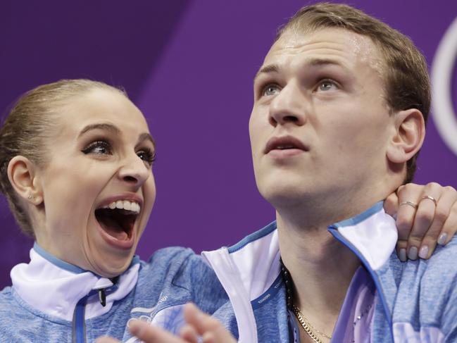 Paige Conners and Evgeni Krasnopolski of Israel react to their scores after their performance in the pair figure skating short program in the Gangneung Ice Arena at the 2018 Winter Olympics in Gangneung, South Korea, Wednesday, Feb. 14, 2018. Picture: AP