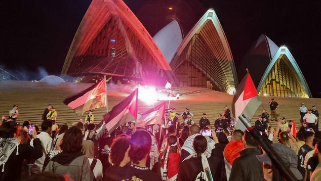 Pro-Palestinian protesters gathered in Sydney’s CBD and in front of the Opera House in a rally against Israel. Picture: Jasmine Kazlauskas/news.com.au