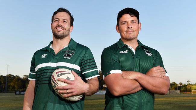 Maroochydore Swans A-grade rugby league captain Tom Geraghty and head coach Bart Hold. Picture: Patrick Woods.