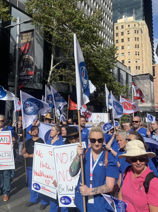 NSW nurses and midwives rally in mid-February after the shocking healthcare workers’ anti-Semitism threats. Picture: Elizabeth Pike