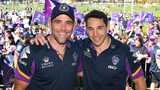 Cameron Smith (left) and Billy Slater in Melbourne following the 2018 NRL grand final. Picture: AAP