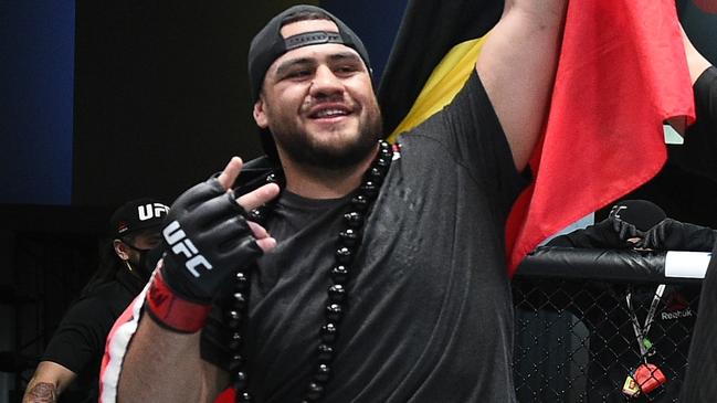 Tai Tuivasa reacts after his win over Harry Hunsucker in March. Picture: Zuffa LLC/Getty Images