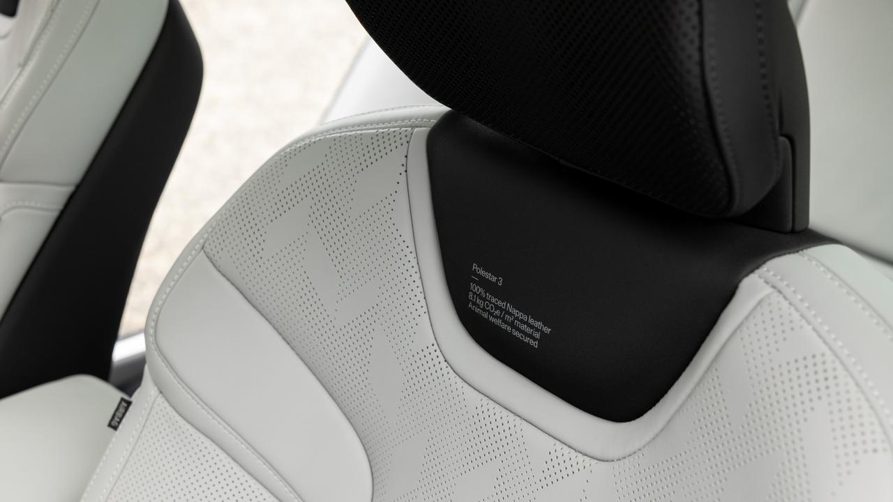 The 2024 Polestar 3 has a lower carbon footprint than the Polestar 2 and is imprinted into the seats as a nice reminder. Picture: Supplied