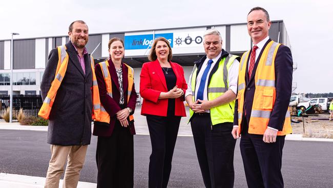 L-R Simon Davis, Labor candidate for Clark. Franklin MHA Julie Collins. Shadow Minister for Infrastructure, Transport and Regional Development, Catherine King. Labor Member for Lyons Brian Mitchell and Hobart Airport CEO, Norris Carter Picture: Linda Higginson