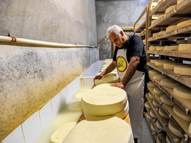 Cheesemonger Rachid Ibersiene prepares to stack fresh wheels of his "Tamgout" cheese in a cellar in the village of Tamassit in northern Algeria on June 12, 2023. In just a matter of years, "Tamgout" cheese, a blend of the Swiss Gruyere and Dutch Gouda styles, has become a source of pride in the north African country. Both Algerians and foreigners have taken an interest in his cheese, which has a unique taste as it draws on age-old European traditions but is made from Algerian milk. (Photo by AFP)