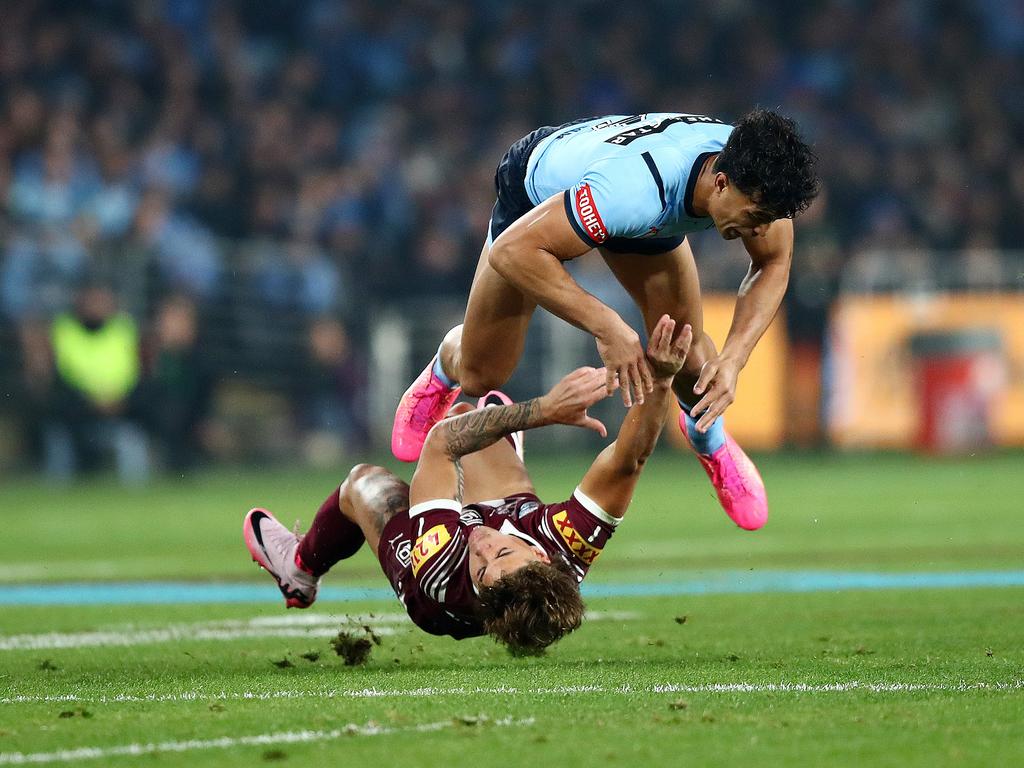 Joseph-Aukuso Suaalii faces a lengthy ban for this tackle on Reece Walsh. Picture: NRL Imagery/Brett Costello