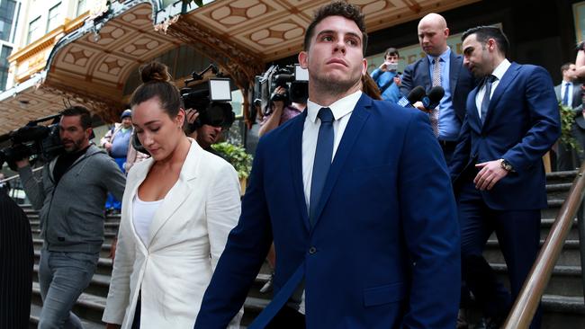 Canterbury Bulldogs player Adam Elliott appears at Downing Centre Court in relation to charges of wilful and obscene exposure during Mad Monday celebrations at the Harbour View Hotel in The Rocks. Picture: Toby Zerna