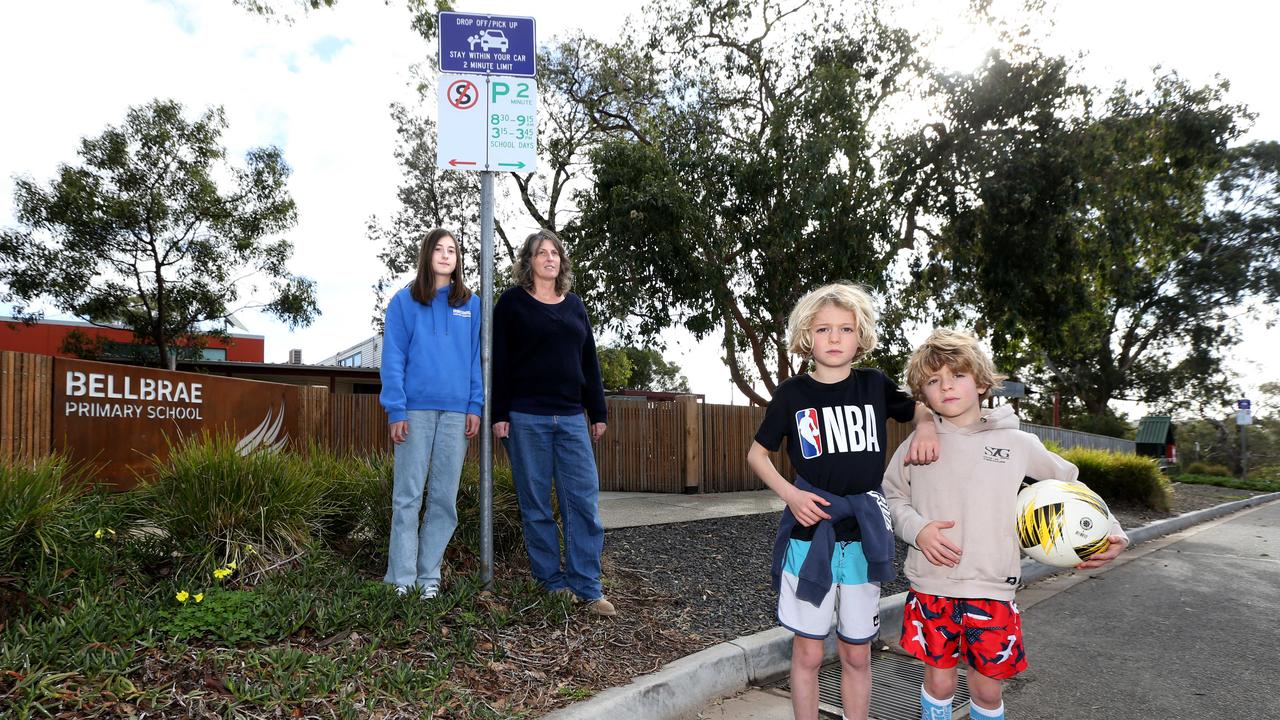 Bellbrae School Parking bays. Shauna Burford with daughter Rosie, 12, a former student and grade 1 students Charlie, 8, and Beau, 6. Picture: Mike Dugdale