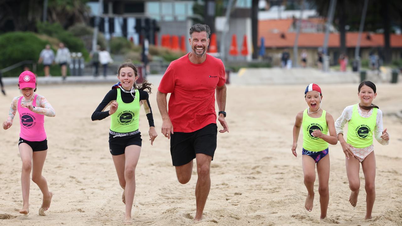 Only 45 per cent of Aussie kids get the recommended one hour of physical activity a day. Sam Wood was impressed with the healthy lifestyle of these Port Melbourne Nippers Antonia Barry, Irene Barry, Bronte Heyman and Isabelle Crane. Picture: David Caird