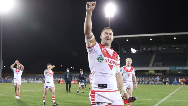 Former NRL star Trent Merrin celebrates a Dragons win in 2020. Picture: AAP Image