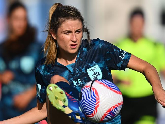 MELBOURNE, AUSTRALIA - FEBRUARY 10: Charlotte Mclean of Sydney FC kicks the ball during the A-League Women round 16 match between Melbourne City and Sydney FC at City Football Academy, on February 10, 2024, in Melbourne, Australia. (Photo by Morgan Hancock/Getty Images)