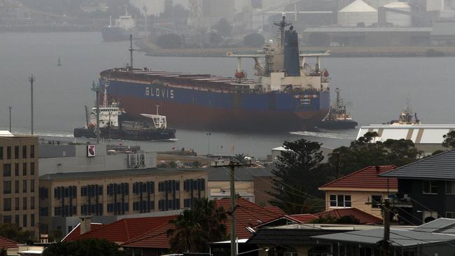 A coal ship entering the Port of Newcastle.