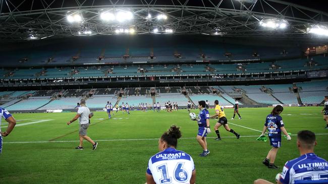 General view of the first NRL match to be played with no crowd due to the COVID-19 virus between the Canterbury-Bankstown Bulldogs and North Queensland Cowboys at ANZ Stadium, Sydney. Picture. Phil Hillyard