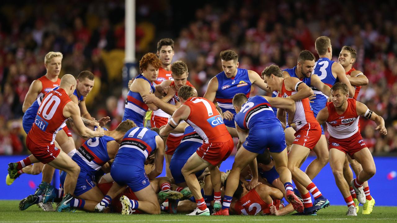 The melee between Sydney and Western Bulldogs players on Saturday night.