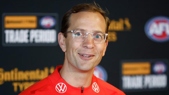 MELBOURNE, AUSTRALIA - OCTOBER 09: Charlie Gardiner, Executive General Manager - Football of the Swans speaks with media during the 2023 Continental Tyres AFL Trade Period at Marvel Stadium on October 09, 2023 in Melbourne, Australia. (Photo by Michael Willson/AFL Photos via Getty Images)