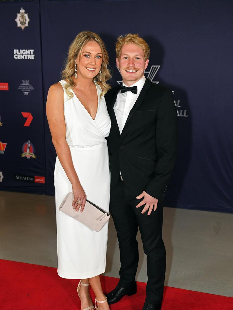 Travis Schiller and Bre Fay on the red carpet ahead of the Magarey Medal presentation at Adelaide Oval.