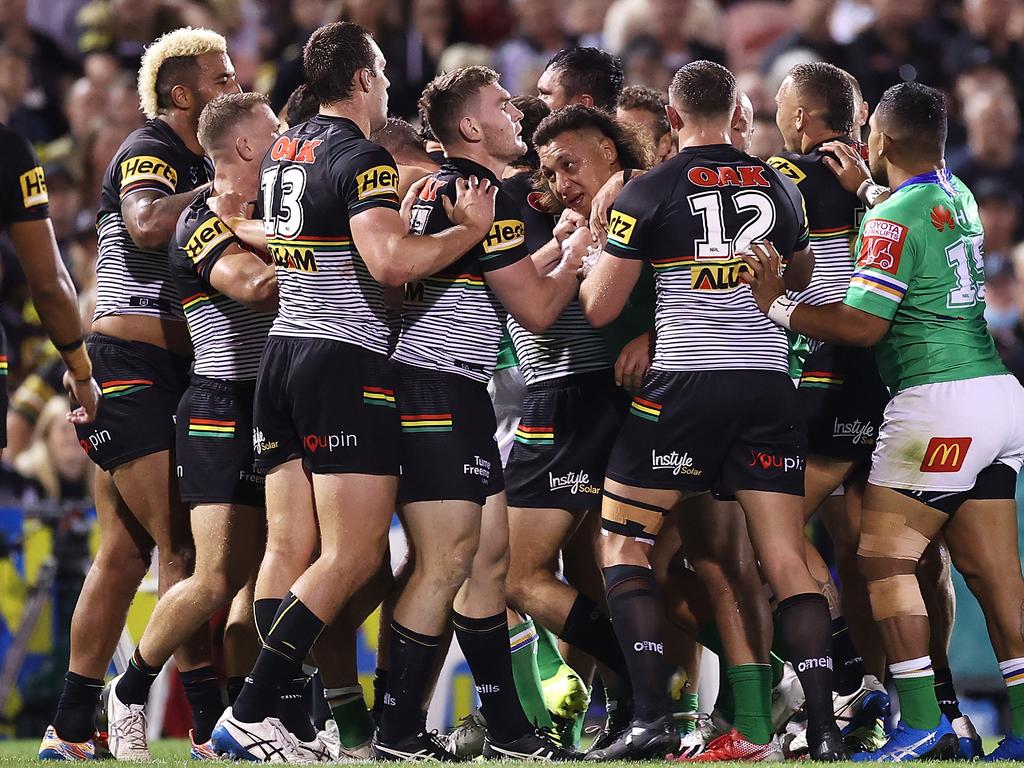 Players scuffle during the round five NRL match between the Penrith Panthers and the Canberra Raiders.