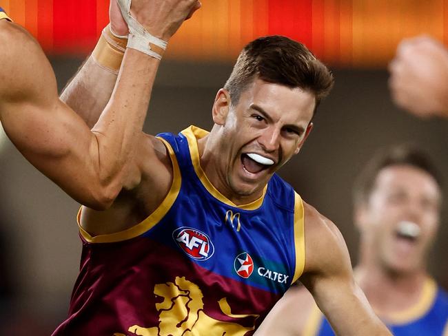 BRISBANE, AUSTRALIA - SEPTEMBER 09: Joe Daniher (left) and Jarryd Lyons of the Lions celebrate during the 2023 AFL Second Qualifying Final match between the Brisbane Lions and the Port Adelaide Power at The Gabba on September 09, 2023 in Brisbane, Australia. (Photo by Michael Willson/AFL Photos via Getty Images)