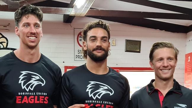 Former Queenslander Isaac Corvo (middle) has been one of the best for Robinvale Euston this season. Picture: Robinvale Euston Football Club.