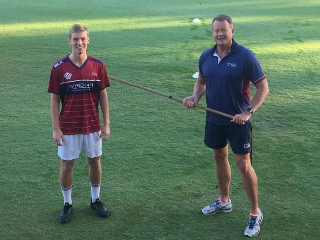 Damian Mednis (right) with student Ewan MacLeod, captain of firsts soccer team, taking the TSS students through a training routine via video. Picture: Supplied.