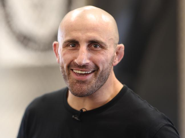 WINDANG, AUSTRALIA - OCTOBER 13: Alexander Volkanovski speaks to media as he prepares for his fight against Islam Makhachev at his gym on October 13, 2023 in Windang, Australia. (Photo by Mark Metcalfe/Zuffa LLC)