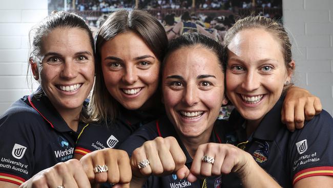 Chelsea Randall, Ebony Marinoff, Foley and Marijana Rajcic with their 2019 premiership rings. Picture: Sarah Reed