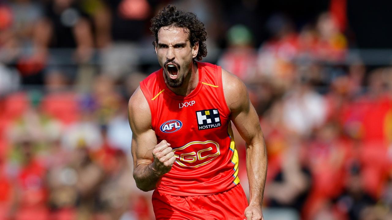 GOLD COAST, AUSTRALIA - MARCH 09: Ben King of the Suns celebrates a goal during the 2024 AFL Opening Round match between the Gold Coast SUNS and the Richmond Tigers at People First Stadium on March 09, 2024 in Gold Coast, Australia. (Photo by Russell Freeman/AFL Photos via Getty Images)
