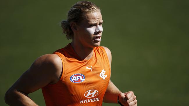 Big unit Tom De Koning left his teammate in a bad way. Picture: AFL Photos/Getty Images