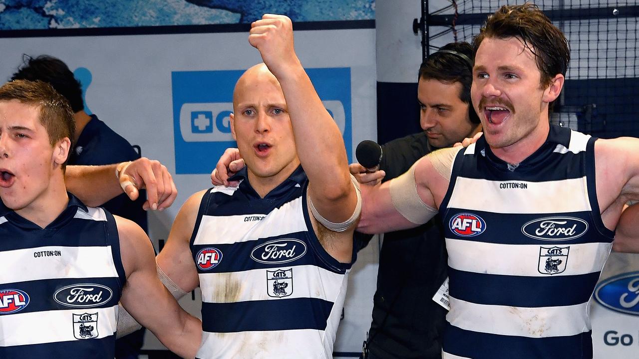 Ablett and Dangerfield celebrate another Geelong win. Photo: Quinn Rooney/Getty Images