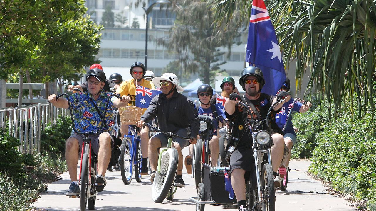 People celebrating Australia Day at Kurrawa Park Broadbeach.Members of the Custom Cruisers taking part in the Chopaderos Australia day Cruise.Pic Mike Batterham