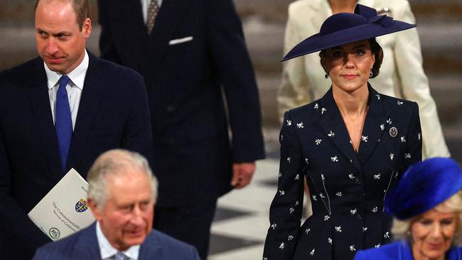 Britain's King Charles III (from front row bottom left, counter-clockwise), Britain's Camilla, Queen Consort, Britain's Sophie, Duchess of Edinburgh, Britain's Prince Edward, Duke of Edinburgh and Britain's Prince William, Prince of Wales arrive to attend the Commonwealth Day service ceremony, at Westminster Abbey, in London, on March 13, 2023. (Photo by HANNAH MCKAY / POOL / AFP)