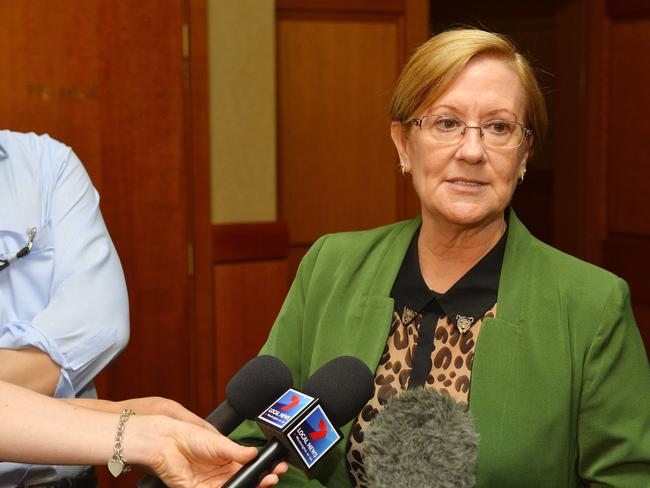 Townsville Crocodiles administrator Moira Carter speaks to media in 2015 during the liquidation of the basketball franchise. Picture: Shae Beplate.