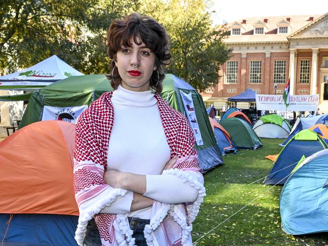 El Hall poses at the Adelaide Uni Gaza Solidarity Encampment at the Maths Lawns.Tuesday,May 7,2024.Picture Mark Brake