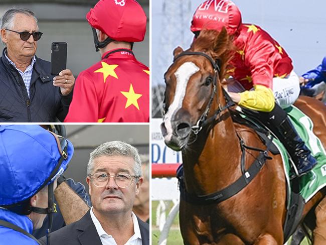 $900,000 yearling Beadman (right) is named after champion jockey Darren Beadman (bottom left) and is trained by Peter Snowden (top left). Pictures: Bradley Photos
