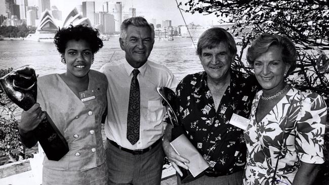 Prime Minister Bob Hawke and wife Hazel with 1990 Young Australian of the Year Cathy Freeman and Australian of the Year, eye surgeon pioneer Professor Fred Hollows after the presentation ceremony at Kirribilli House in Sydney on Australia Day, 1990.