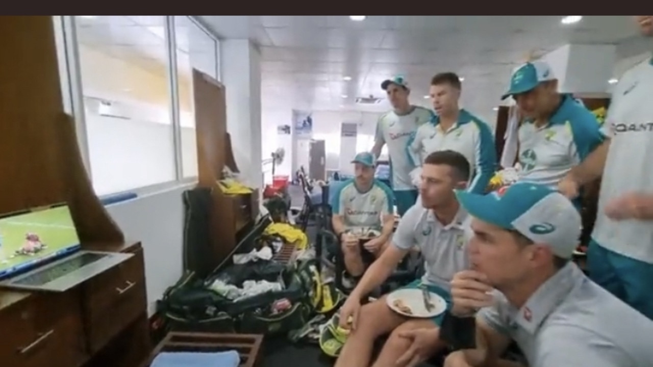 The Australian cricket team watching State of Origin on Wednesday night. Source: Supplied